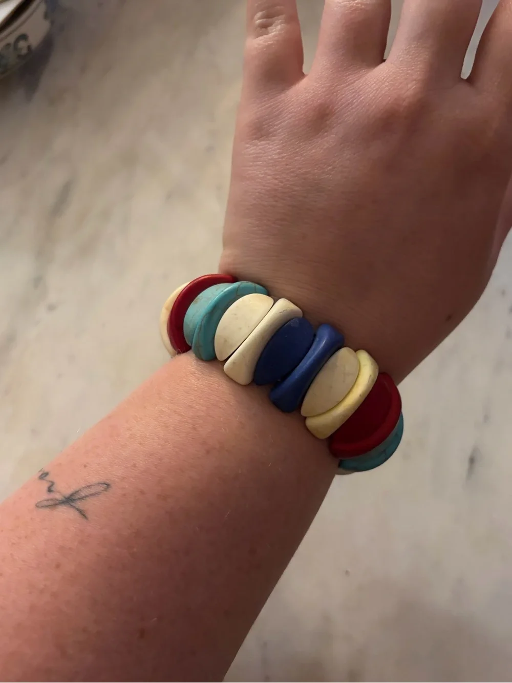 Vintage Multicolor Beaded Stretch Bracelet - Red, Blue, Turquoise, Cream, Yellow